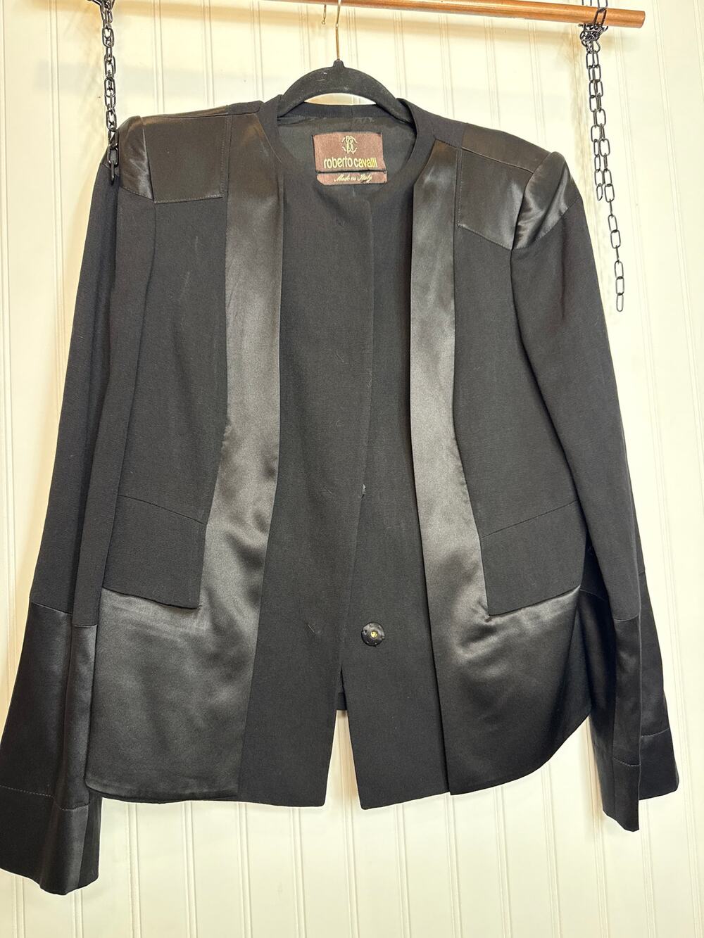 Roberto Cavalli Italy Black Satin Details Blazer Single Breasted Career Size 14